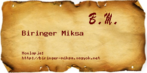 Biringer Miksa névjegykártya